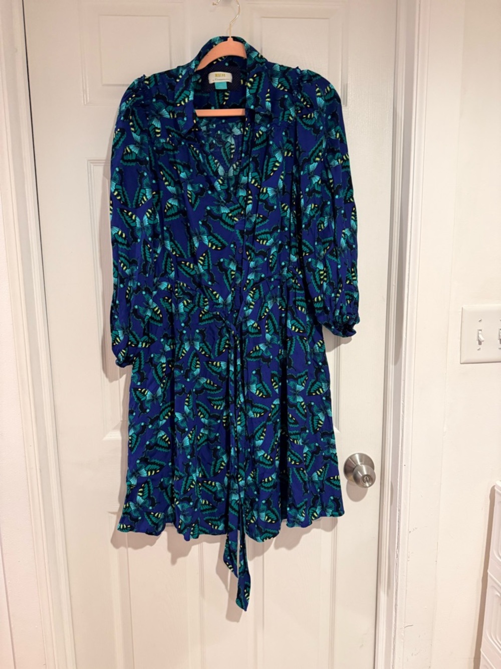 Maeve Anthropology Teal & Royal Blue Printed Tie-Waist Long Sleeve Dress